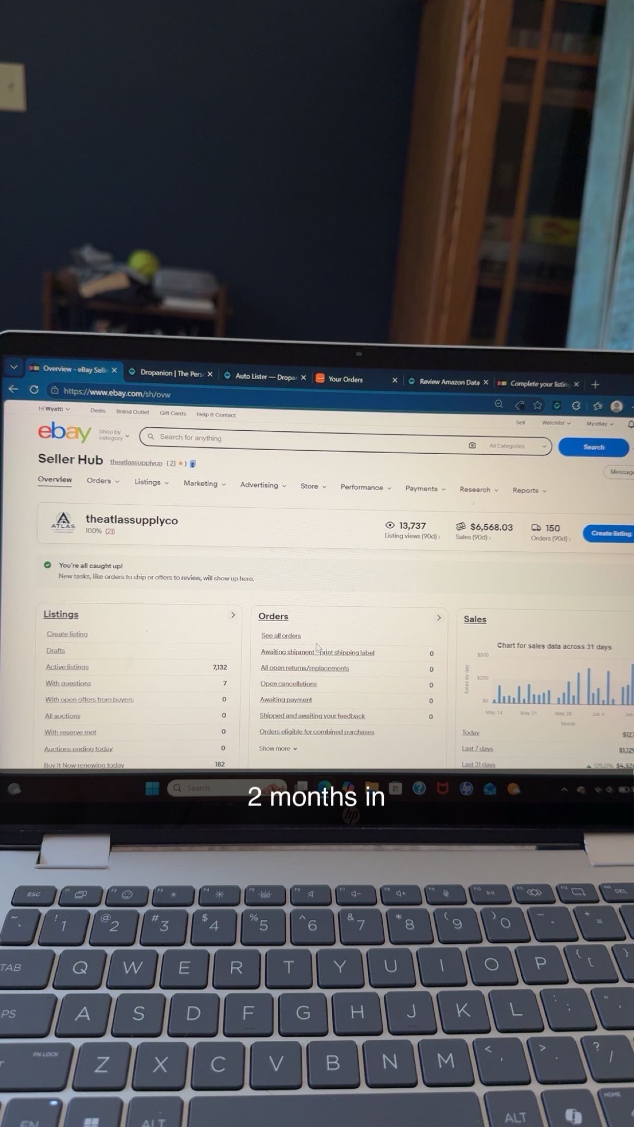 eBay Seller Hub dashboard, 2 months in
