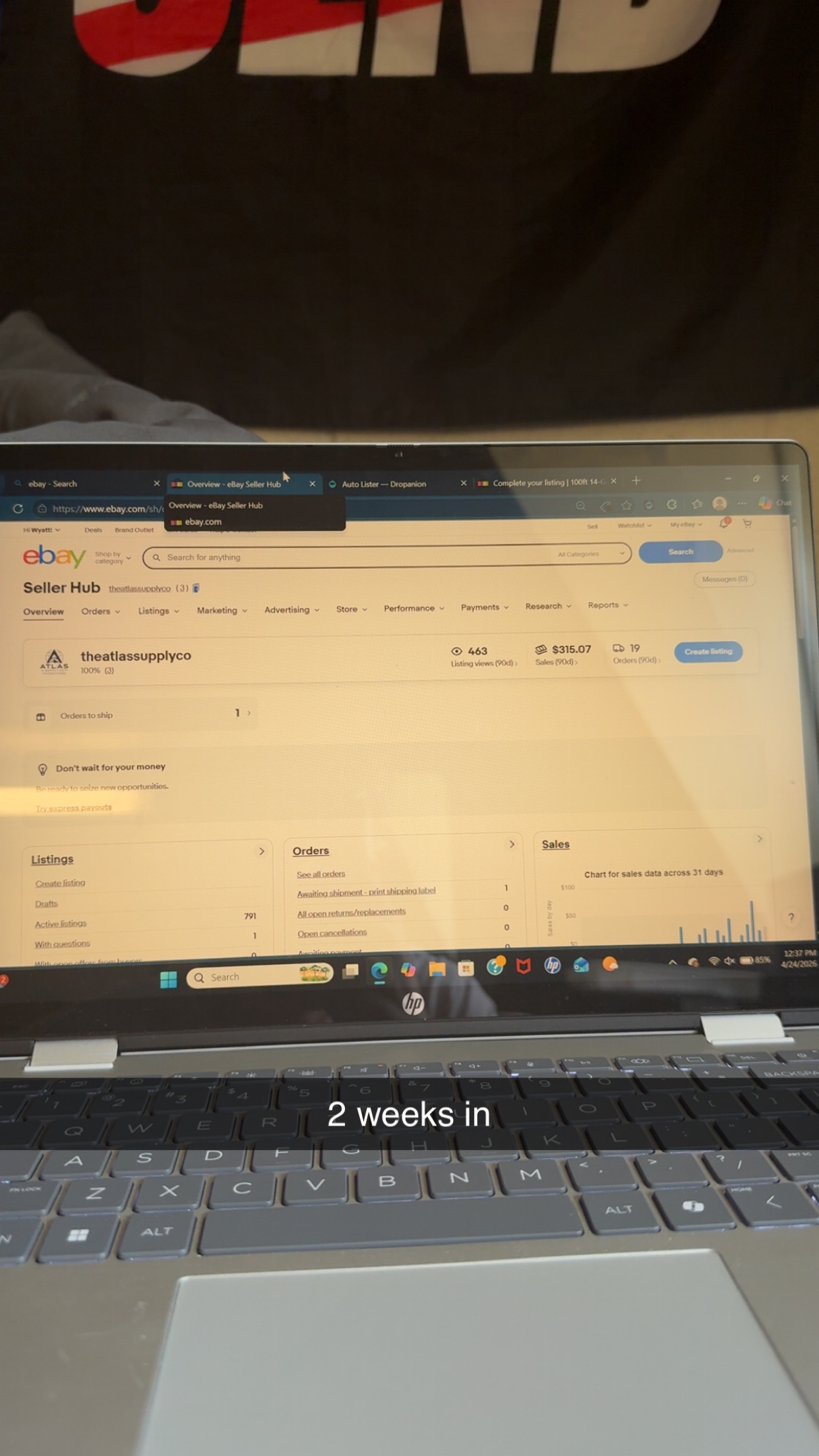 eBay Seller Hub dashboard, 2 weeks in