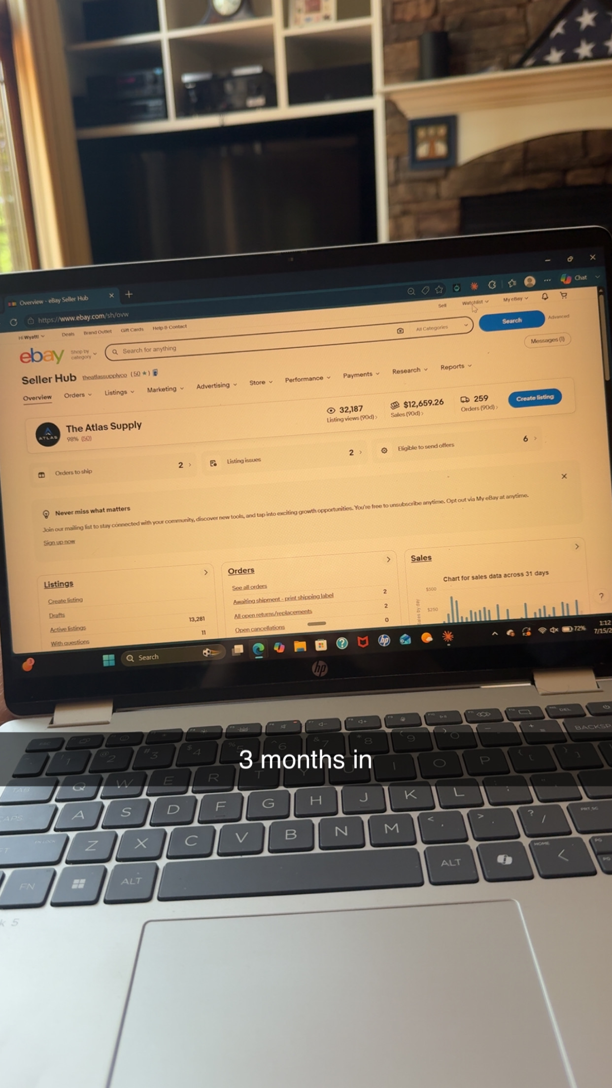 eBay Seller Hub dashboard, 3 months in